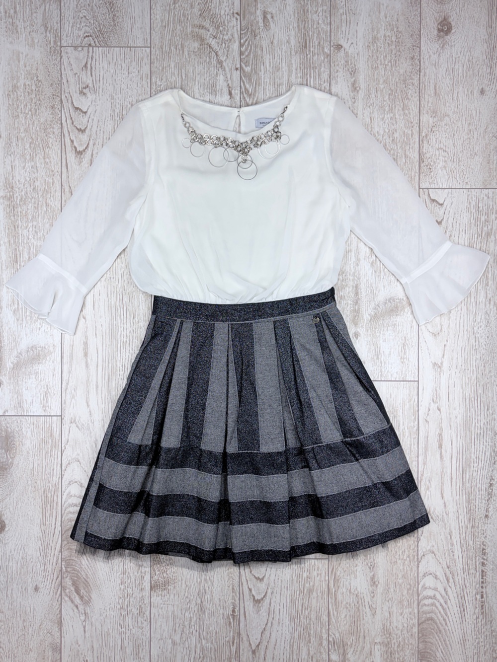 Rinascimento White Blouse with Black & Gray Pleated Skirt